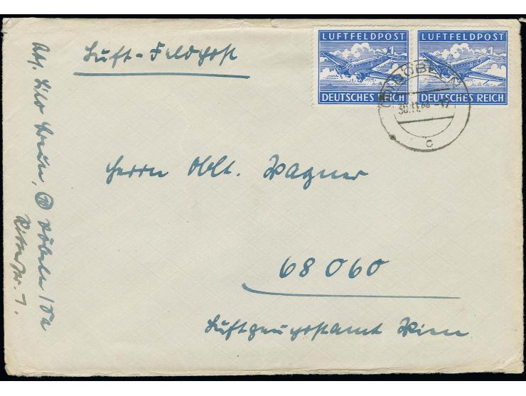 1944, Luftpost-Zulassungsmarke gezähnt im waagerechten Paar auf Luft-Feldpostbrief von "DÖBELN 30.11.44" an einen Oberleutnan