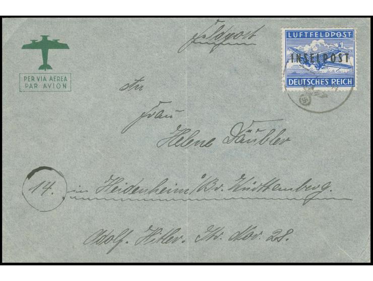 Rhodos gezähnt, mit Feldpoststempel "20.11.44" auf Brief nach Heidenheim, Marke mit leichtem Eckbug und Zähnungsmängeln oben 