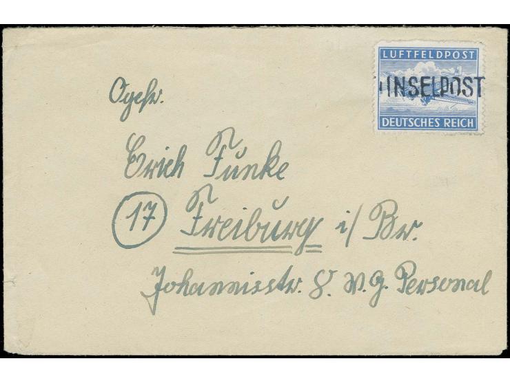 Leros durchtsochen, mit blau-violettem Aufdruck in Type I, auf Brief nach Freiburg, der Absender mit der Feldpostnummer 68071
