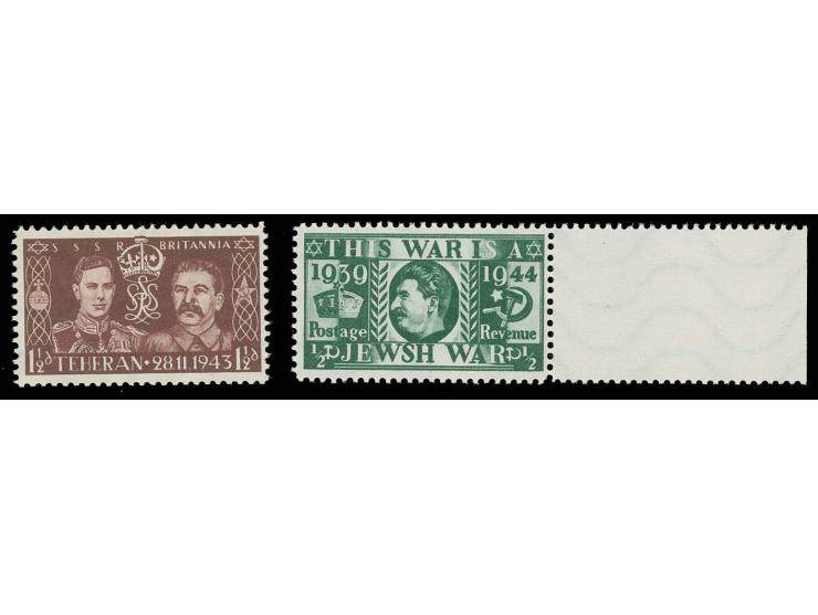 DEUTSCHE FÄLSCHUNGEN FÜR GROSSBRITANNIEN: ½ d. dunkelgrün mit rechtem Bogenrand und 1½ d. dunkelbraunlila, je ungebraucht ohn