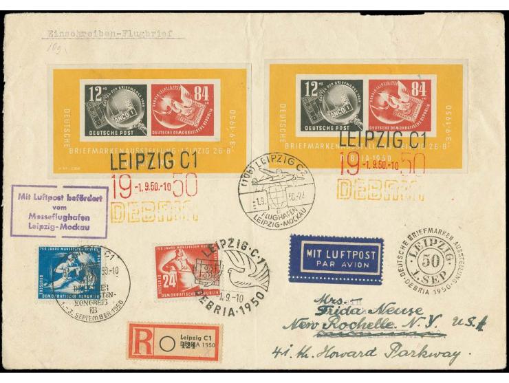 Debria-Block mit Plattenfehler "schräger Strich über 1", 2 Stück mit Dreifarben-Sonderstempel "LEIPZIG 1.9.50" und Zusatzfran
