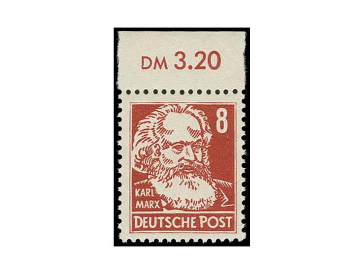  8 Pfg. bräunlichrot auf gestrichenem Papier mit Druck auf der nicht gestrichenen Papierseite, postfrisches Oberrandstück, se