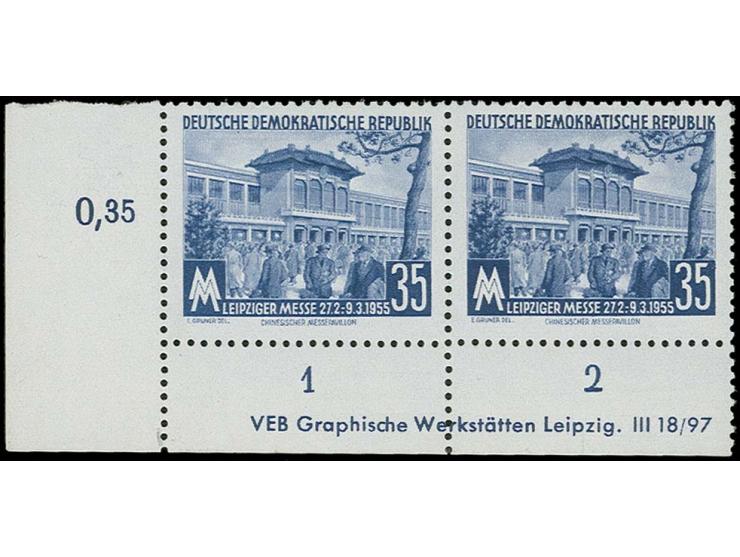 1955, Leipziger Frühjahrsmesse 35 Pfg. dunkellilaultramarin mit Wz. 2X I im waagerechtePaar aus der linken unteren Bogenecke 