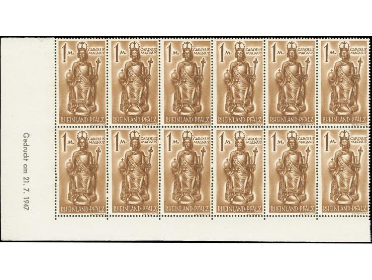 1947, 1 M. gelbbraun auf Kartonpapier, 12er-Block aus der linken unteren Bogenecke mit Druckdatum "21.7.1947", postfrisch, ta