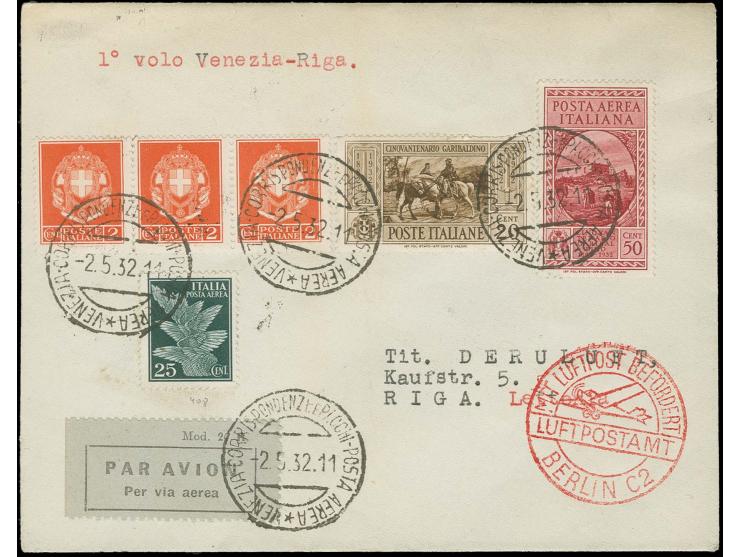 ITALIEN: 1932, Erstflug Venedig-Riga, frankierter Luftpostbrief mit Durchgangsstempel von Berlin und Ankunftsstempel von Riga