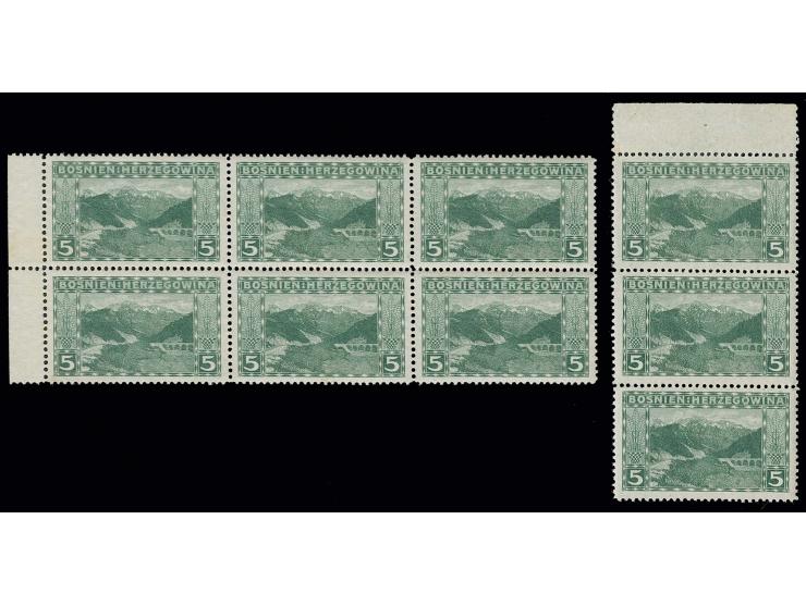 1906, 5 H. gezähnt, senkrechter 3er-Streifen mit Oberrand und waagerechter 6er-Block mit linkem Rand, 2 postfrische Einheiten
