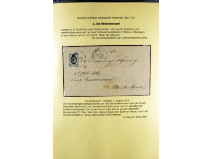 1858/1917, 60 Briefe, Karten und Ganzsachen mit kyrillischen Einkreisstempeln, Type 1-5 nach Hurt/Ojaste, auf beschrifteten A