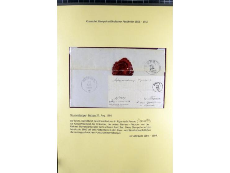 1858/1917, 60 Briefe, Karten und Ganzsachen mit kyrillischen Einkreisstempeln, Type 1-5 nach Hurt/Ojaste, auf beschrifteten A