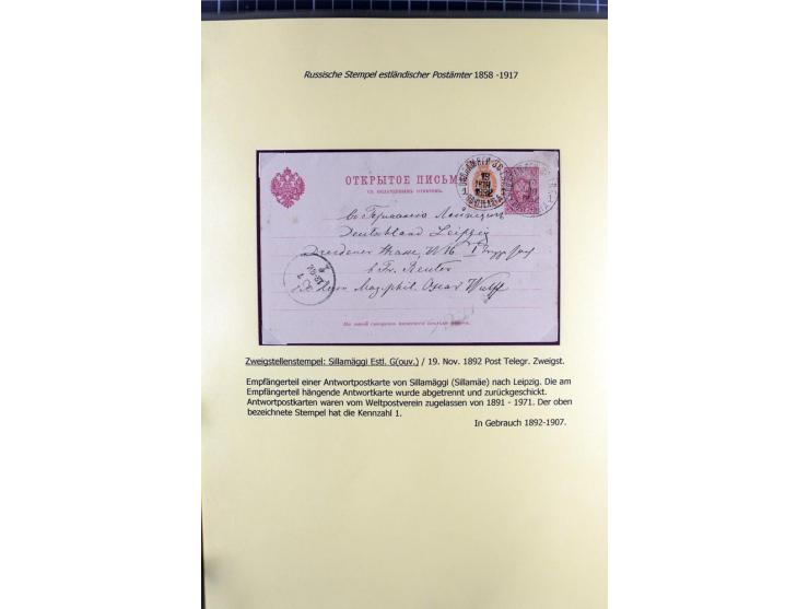 1858/1917, 60 Briefe, Karten und Ganzsachen mit kyrillischen Einkreisstempeln, Type 1-5 nach Hurt/Ojaste, auf beschrifteten A