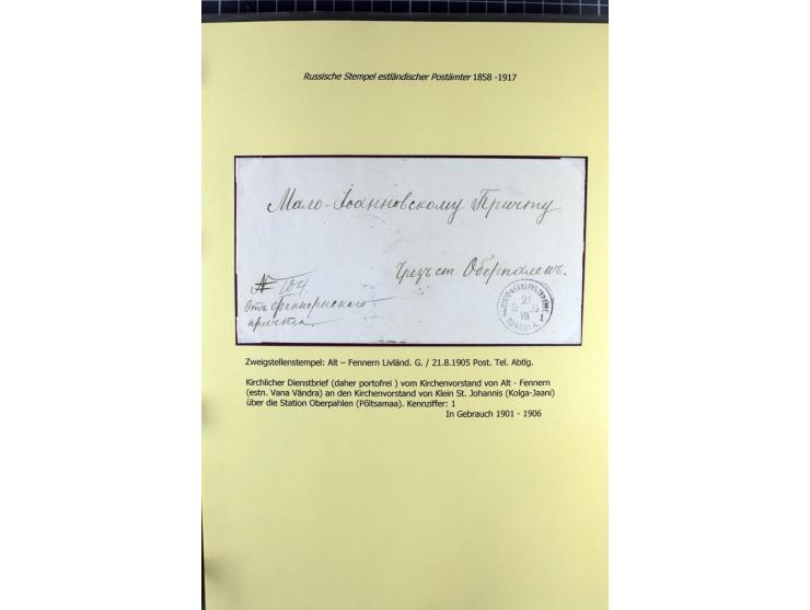 1858/1917, 60 Briefe, Karten und Ganzsachen mit kyrillischen Einkreisstempeln, Type 1-5 nach Hurt/Ojaste, auf beschrifteten A