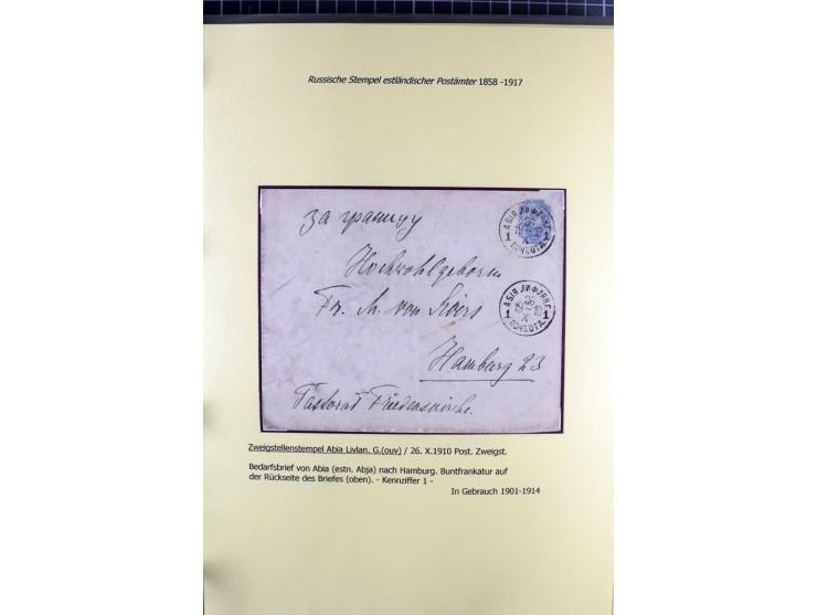 1858/1917, 60 Briefe, Karten und Ganzsachen mit kyrillischen Einkreisstempeln, Type 1-5 nach Hurt/Ojaste, auf beschrifteten A