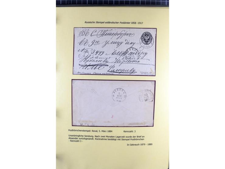 1858/1917, 60 Briefe, Karten und Ganzsachen mit kyrillischen Einkreisstempeln, Type 1-5 nach Hurt/Ojaste, auf beschrifteten A