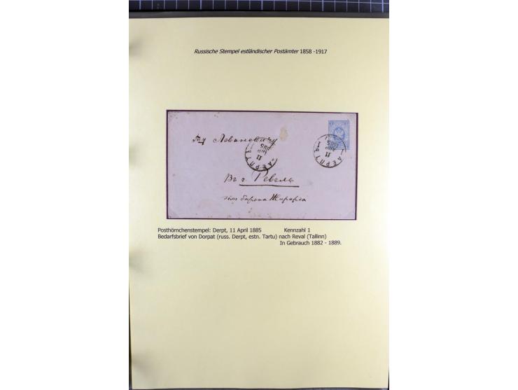 1858/1917, 60 Briefe, Karten und Ganzsachen mit kyrillischen Einkreisstempeln, Type 1-5 nach Hurt/Ojaste, auf beschrifteten A