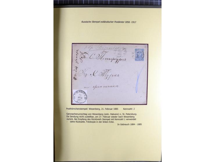 1858/1917, 60 Briefe, Karten und Ganzsachen mit kyrillischen Einkreisstempeln, Type 1-5 nach Hurt/Ojaste, auf beschrifteten A