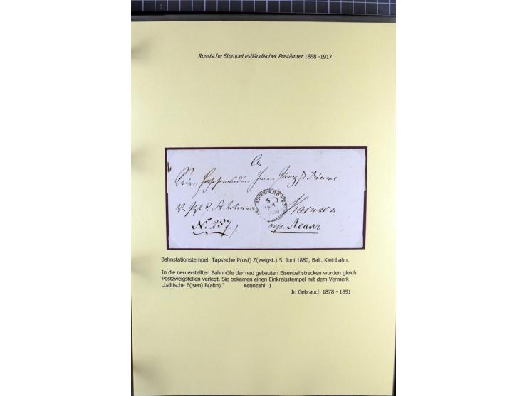 1858/1917, 60 Briefe, Karten und Ganzsachen mit kyrillischen Einkreisstempeln, Type 1-5 nach Hurt/Ojaste, auf beschrifteten A