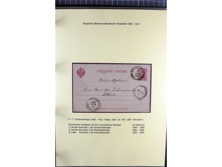 1858/1917, 60 Briefe, Karten und Ganzsachen mit kyrillischen Einkreisstempeln, Type 1-5 nach Hurt/Ojaste, auf beschrifteten A