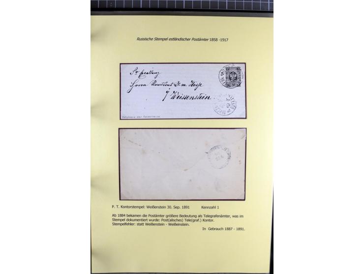 1858/1917, 60 Briefe, Karten und Ganzsachen mit kyrillischen Einkreisstempeln, Type 1-5 nach Hurt/Ojaste, auf beschrifteten A