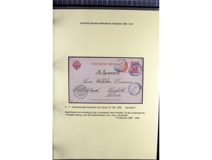 1858/1917, 60 Briefe, Karten und Ganzsachen mit kyrillischen Einkreisstempeln, Type 1-5 nach Hurt/Ojaste, auf beschrifteten A