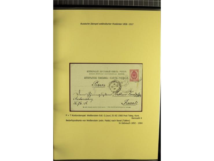1858/1917, 60 Briefe, Karten und Ganzsachen mit kyrillischen Einkreisstempeln, Type 1-5 nach Hurt/Ojaste, auf beschrifteten A