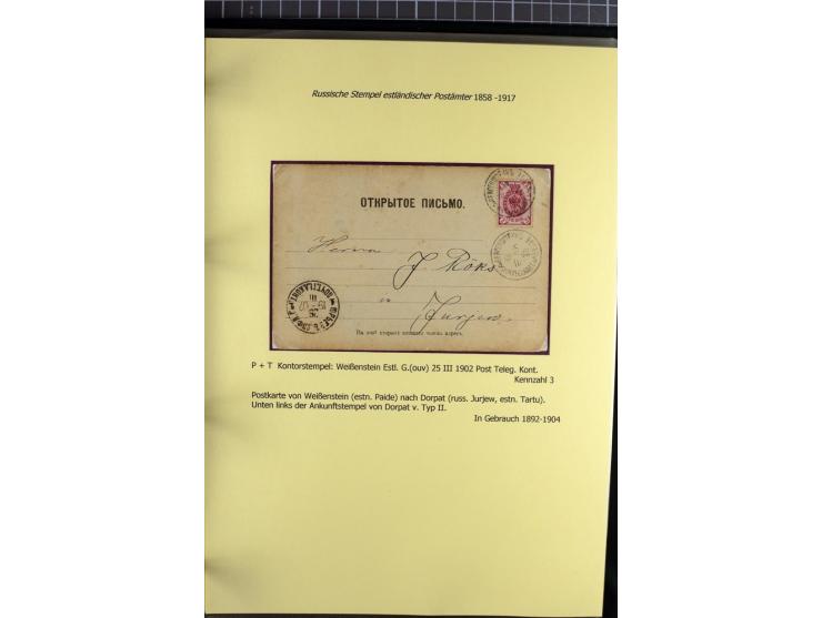 1858/1917, 60 Briefe, Karten und Ganzsachen mit kyrillischen Einkreisstempeln, Type 1-5 nach Hurt/Ojaste, auf beschrifteten A