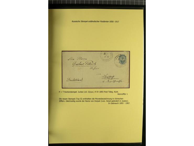 1858/1917, 60 Briefe, Karten und Ganzsachen mit kyrillischen Einkreisstempeln, Type 1-5 nach Hurt/Ojaste, auf beschrifteten A