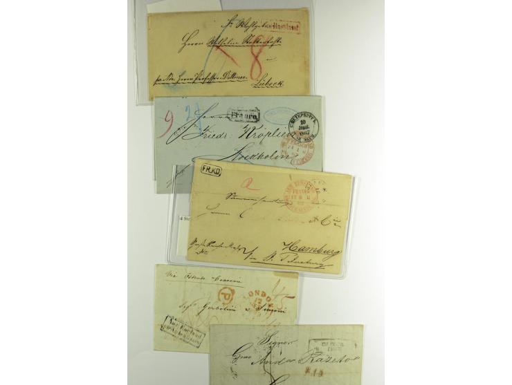 1800/80 (ca.), über 70 markenlose Auslandsbriefe, dabei verschiedene Grenzübergangsstempel, Tax-Vermerke, Destinationen etc.,