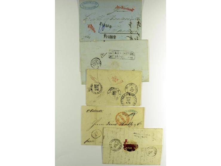 1800/80 (ca.), über 70 markenlose Auslandsbriefe, dabei verschiedene Grenzübergangsstempel, Tax-Vermerke, Destinationen etc.,