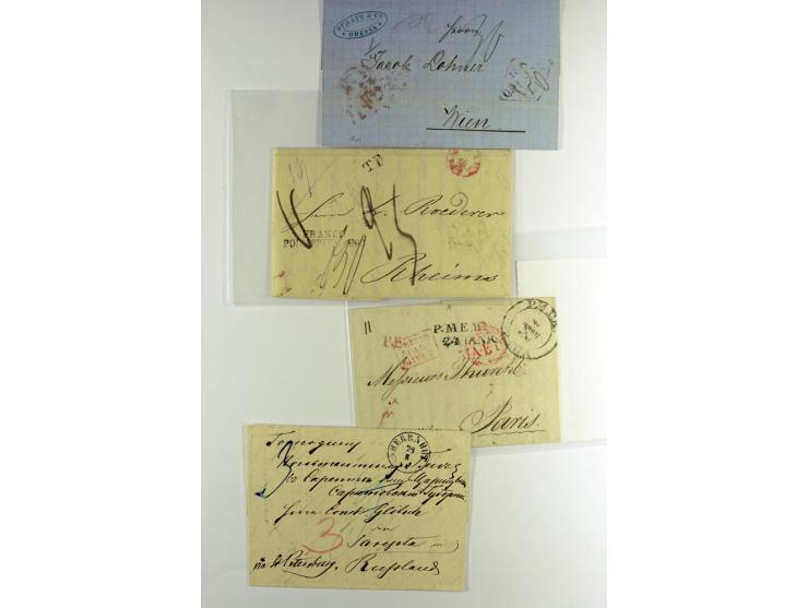 1800/80 (ca.), über 70 markenlose Auslandsbriefe, dabei verschiedene Grenzübergangsstempel, Tax-Vermerke, Destinationen etc.,