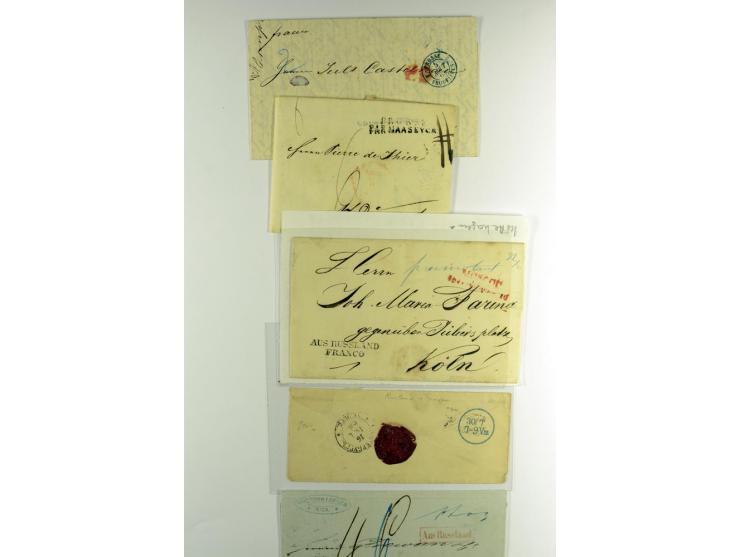 1800/80 (ca.), über 70 markenlose Auslandsbriefe, dabei verschiedene Grenzübergangsstempel, Tax-Vermerke, Destinationen etc.,