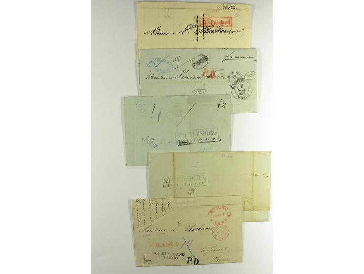 1800/80 (ca.), über 70 markenlose Auslandsbriefe, dabei verschiedene Grenzübergangsstempel, Tax-Vermerke, Destinationen etc.,