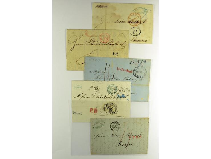 1800/80 (ca.), über 70 markenlose Auslandsbriefe, dabei verschiedene Grenzübergangsstempel, Tax-Vermerke, Destinationen etc.,