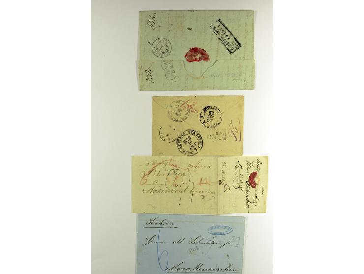 1800/80 (ca.), über 70 markenlose Auslandsbriefe, dabei verschiedene Grenzübergangsstempel, Tax-Vermerke, Destinationen etc.,
