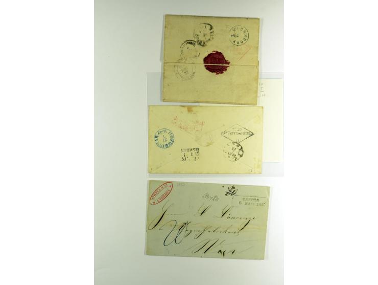 1800/80 (ca.), über 70 markenlose Auslandsbriefe, dabei verschiedene Grenzübergangsstempel, Tax-Vermerke, Destinationen etc.,