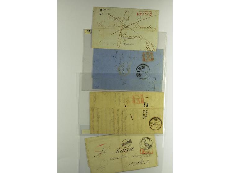 1800/80 (ca.), über 70 markenlose Auslandsbriefe, dabei verschiedene Grenzübergangsstempel, Tax-Vermerke, Destinationen etc.,