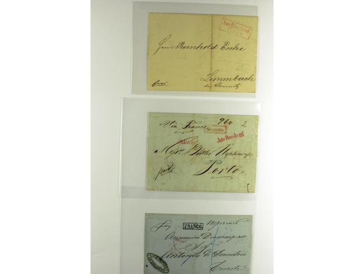 1800/80 (ca.), über 70 markenlose Auslandsbriefe, dabei verschiedene Grenzübergangsstempel, Tax-Vermerke, Destinationen etc.,