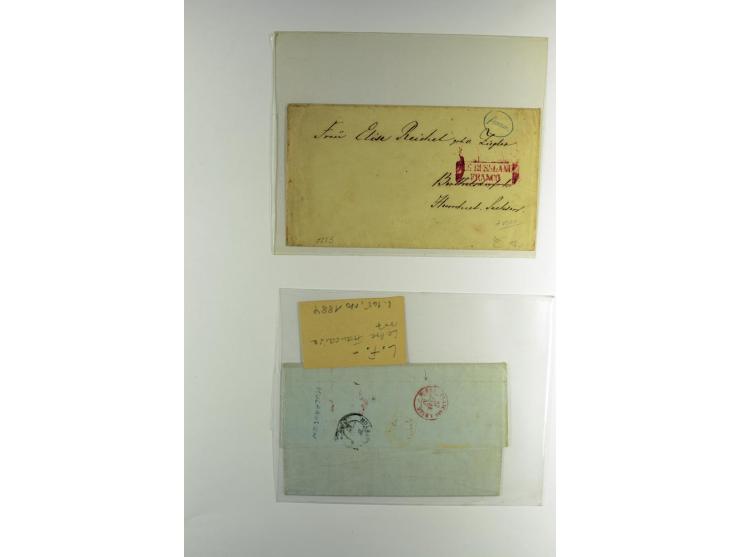 1800/80 (ca.), über 70 markenlose Auslandsbriefe, dabei verschiedene Grenzübergangsstempel, Tax-Vermerke, Destinationen etc.,