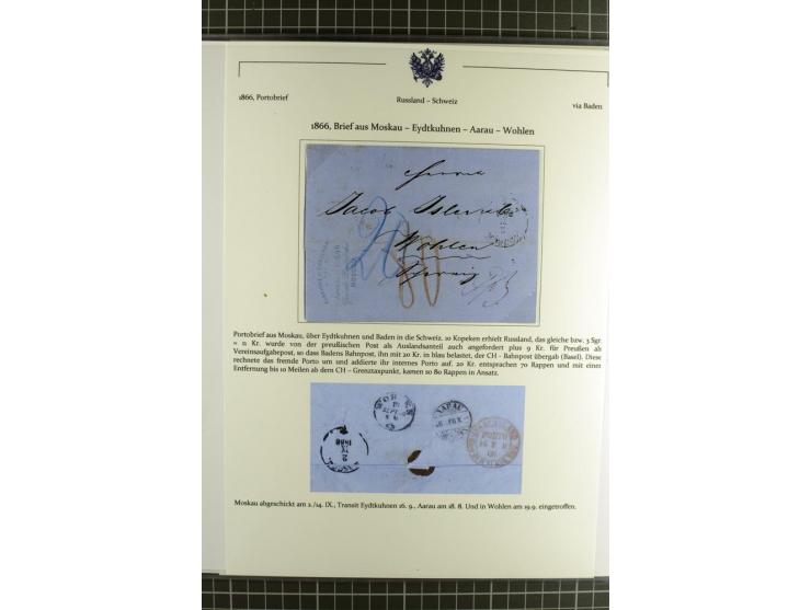 1800/80 (ca.), über 70 markenlose Auslandsbriefe, dabei verschiedene Grenzübergangsstempel, Tax-Vermerke, Destinationen etc.,