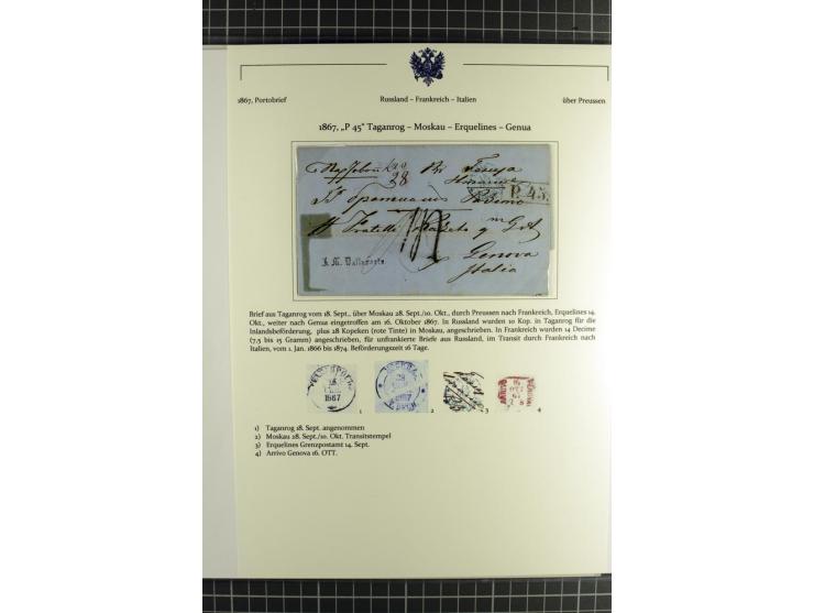 1800/80 (ca.), über 70 markenlose Auslandsbriefe, dabei verschiedene Grenzübergangsstempel, Tax-Vermerke, Destinationen etc.,