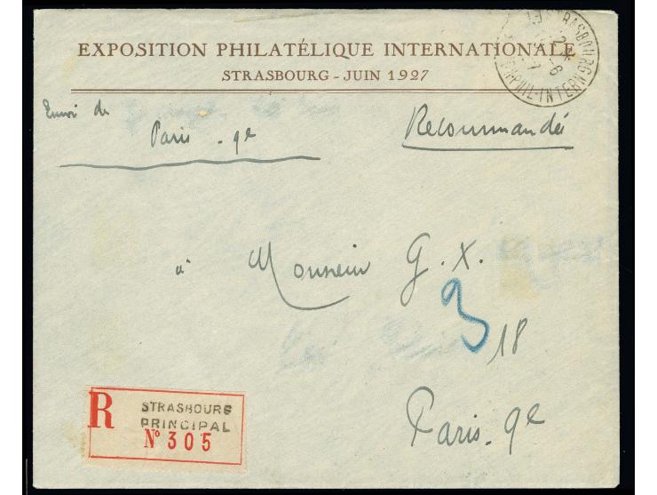 1927, exposition de Strasbourg bloc sur le verso d'une lettre recommandée avec cachet spécial de l'exposition sur les timbres