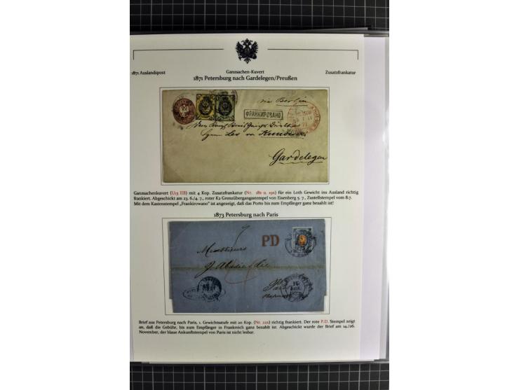 1860/1914 (ca.), Sammlung von über 80 frankierten Auslandsbriefen und Karten, dabei Reco, Buntfrankaturen, Transitstempel etc