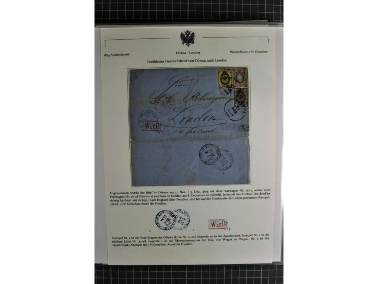 1860/1914 (ca.), Sammlung von über 80 frankierten Auslandsbriefen und Karten, dabei Reco, Buntfrankaturen, Transitstempel etc