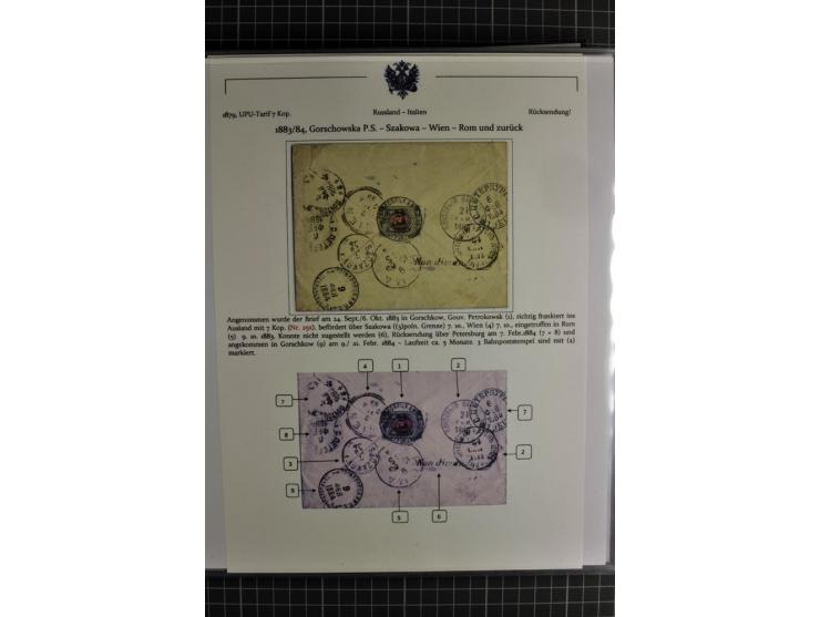 1860/1914 (ca.), Sammlung von über 80 frankierten Auslandsbriefen und Karten, dabei Reco, Buntfrankaturen, Transitstempel etc