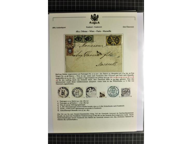 1860/1914 (ca.), Sammlung von über 80 frankierten Auslandsbriefen und Karten, dabei Reco, Buntfrankaturen, Transitstempel etc