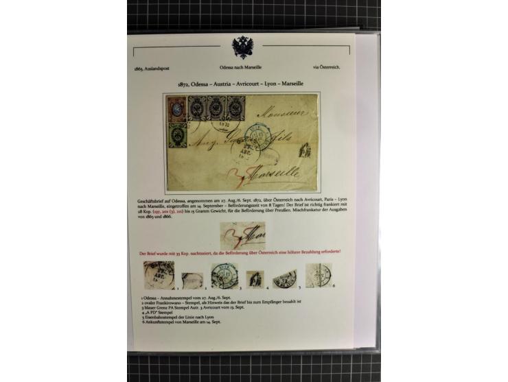 1860/1914 (ca.), Sammlung von über 80 frankierten Auslandsbriefen und Karten, dabei Reco, Buntfrankaturen, Transitstempel etc