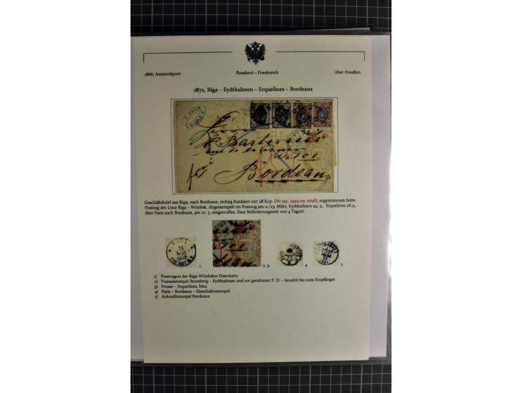 1860/1914 (ca.), Sammlung von über 80 frankierten Auslandsbriefen und Karten, dabei Reco, Buntfrankaturen, Transitstempel etc
