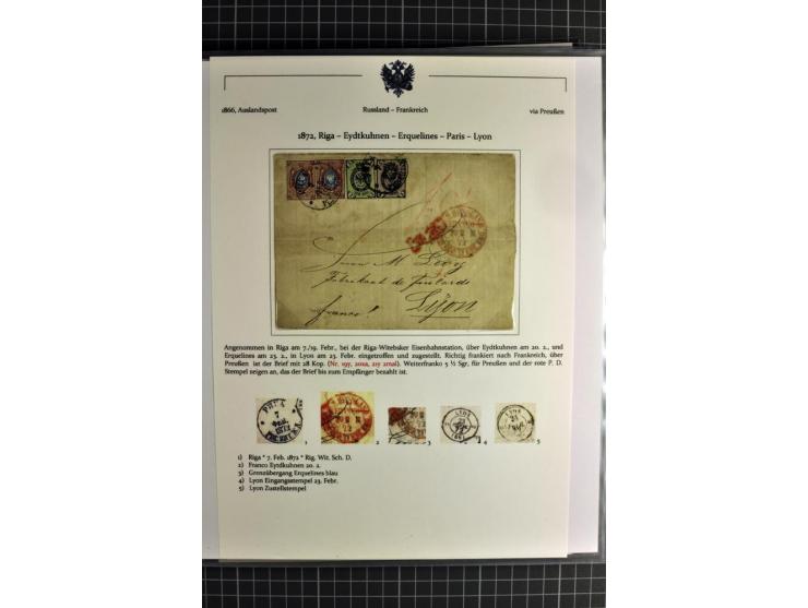 1860/1914 (ca.), Sammlung von über 80 frankierten Auslandsbriefen und Karten, dabei Reco, Buntfrankaturen, Transitstempel etc