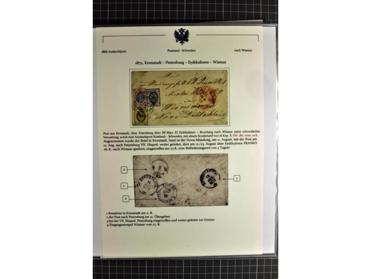 1860/1914 (ca.), Sammlung von über 80 frankierten Auslandsbriefen und Karten, dabei Reco, Buntfrankaturen, Transitstempel etc