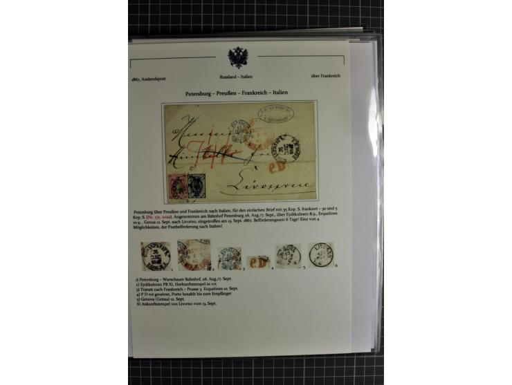 1860/1914 (ca.), Sammlung von über 80 frankierten Auslandsbriefen und Karten, dabei Reco, Buntfrankaturen, Transitstempel etc