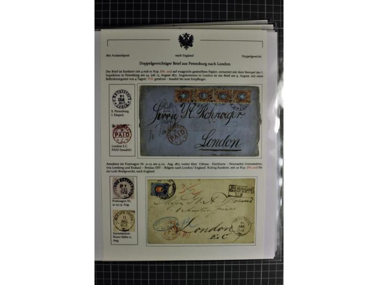 1860/1914 (ca.), Sammlung von über 80 frankierten Auslandsbriefen und Karten, dabei Reco, Buntfrankaturen, Transitstempel etc