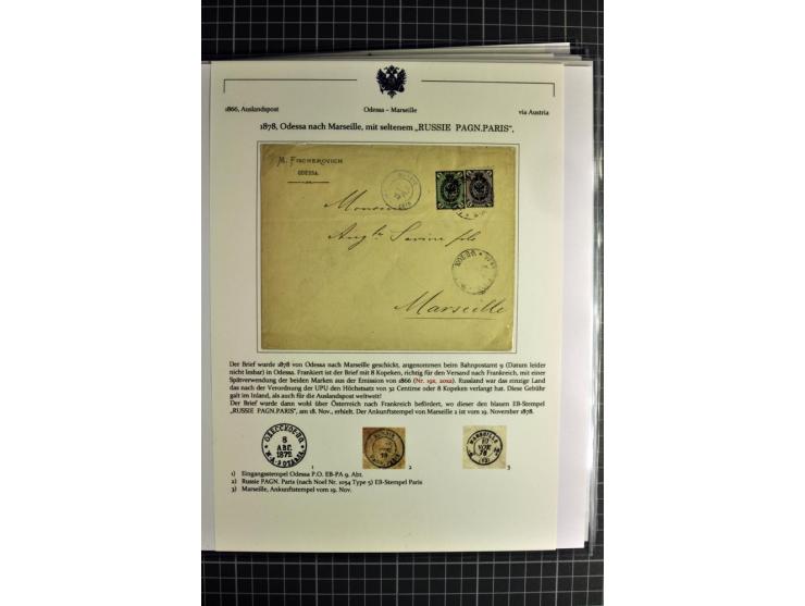 1860/1914 (ca.), Sammlung von über 80 frankierten Auslandsbriefen und Karten, dabei Reco, Buntfrankaturen, Transitstempel etc